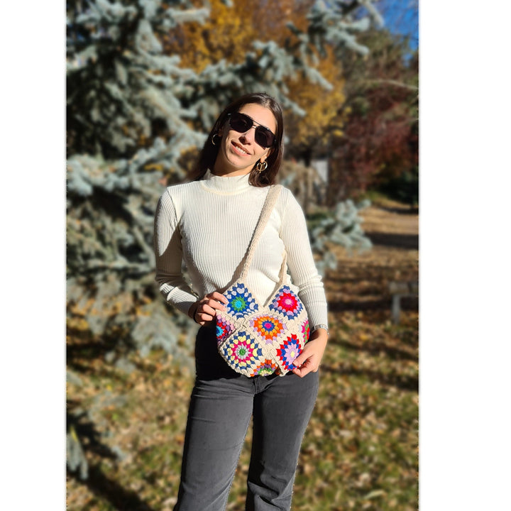 Beige Crochet Bag, Valentines day gifts for her, Crochet Afghan Bag, Knit Tote Bag, Crochet Purse, Retro Bag, Hippie Bag, Bohemian Bag