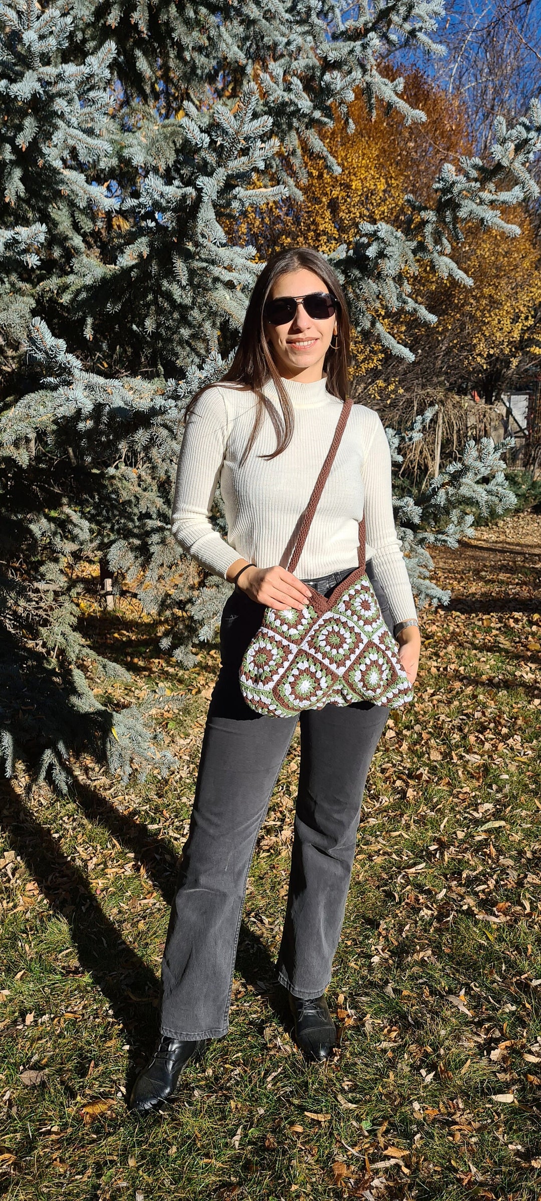 Green Crochet Shoulder Bag, Knitted Shoulder Bag, Knitted Afghan Bag, Granny Square Bag, Summer Bag, Crochet Purse