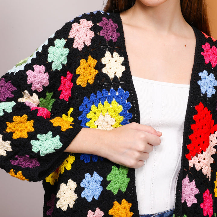 Black Patchwork cardigan, Crochet Cardigan Women, Grannysquare Afghan Coat, Knit jacket, crochet handmade, crochet coat, knitted sweater