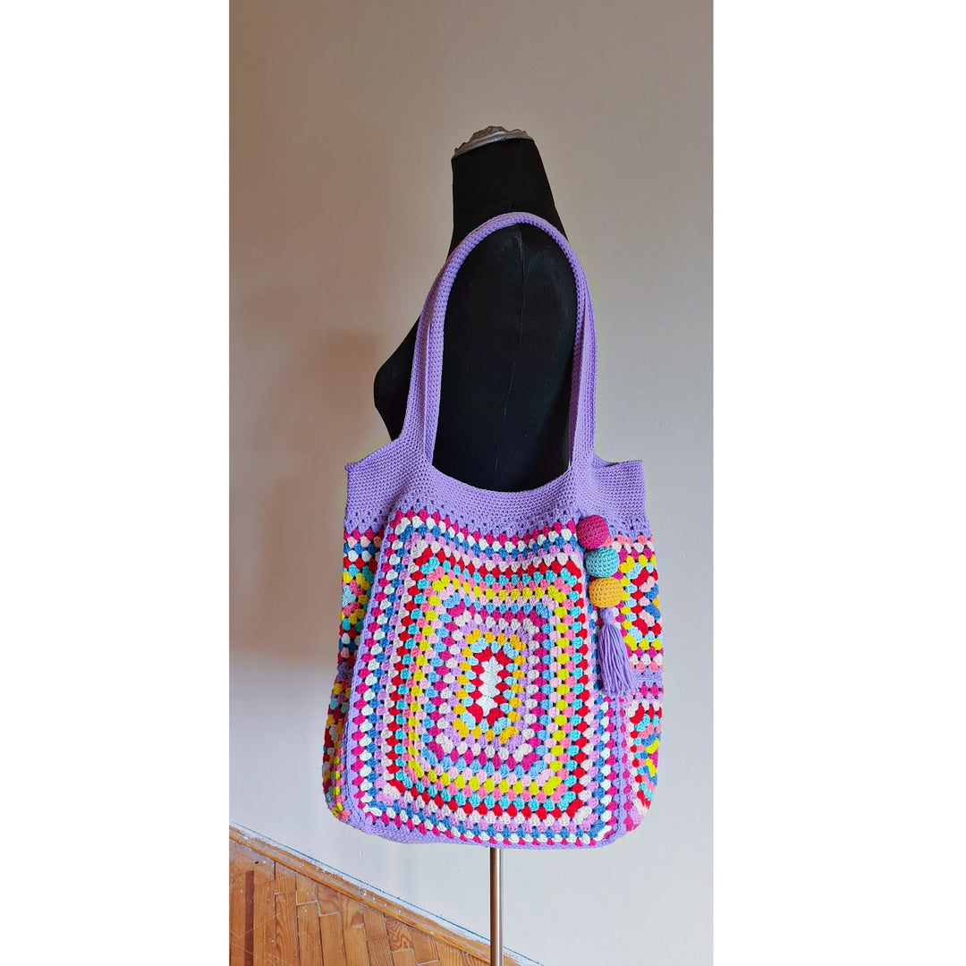 Crochet Granny Square Bag,  Cute Crochet Purse, Knitted Tote Bag, Knit Afghan Bag, Crochet Handmade, Shoulder Bag, Hippie Bag, Market Bag