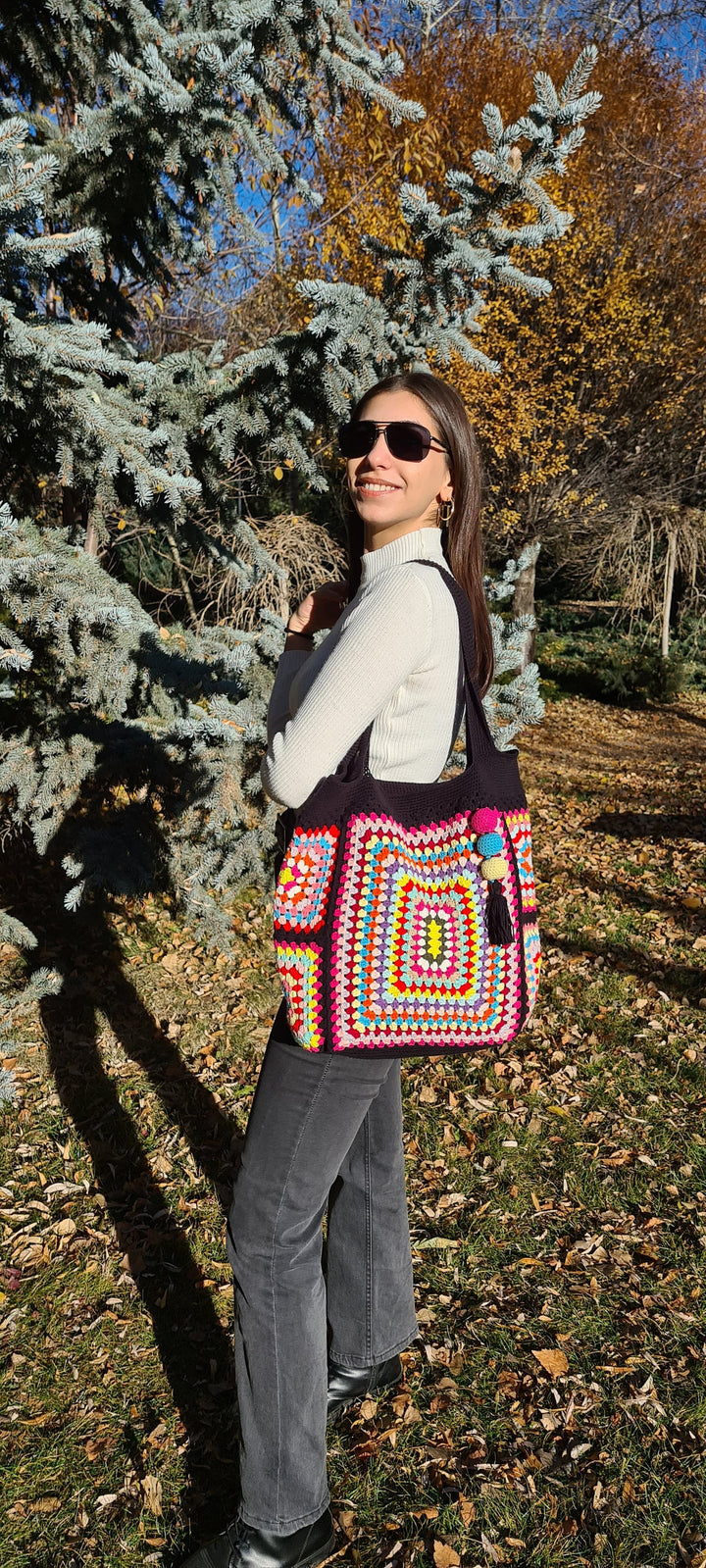 Grannysquare Colorful Bag, Crochet Shoulder Bag, Cute Crochet Purse, Knitted Tote Bag, Knit Afghan Bag, Crochet Handmade,