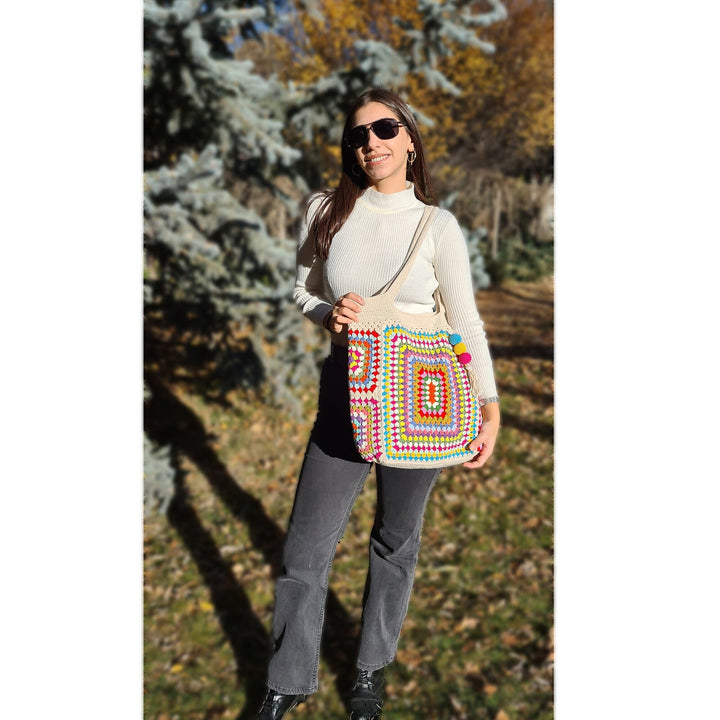 Ecru Crochet Knit Bag, Grannysquare Colorful Bag, Cute Crochet Tote Bag, Crochet Purse, Knitted Tote Bag, Knit Afghan Bag, Crochet Handmade