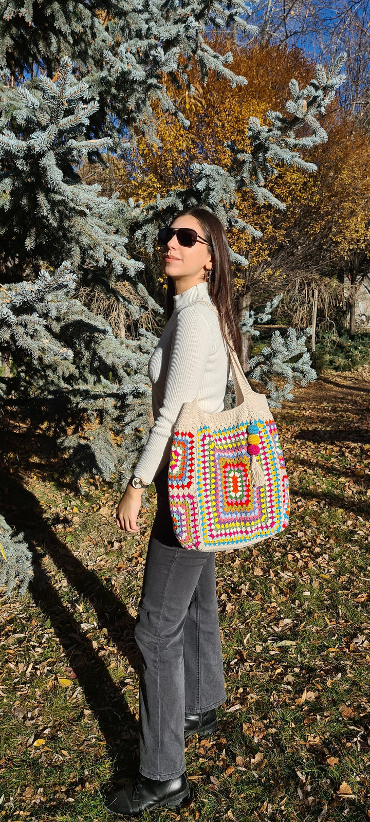 Ecru Crochet Knit Bag, Grannysquare Colorful Bag, Cute Crochet Tote Bag, Crochet Purse, Knitted Tote Bag, Knit Afghan Bag, Crochet Handmade