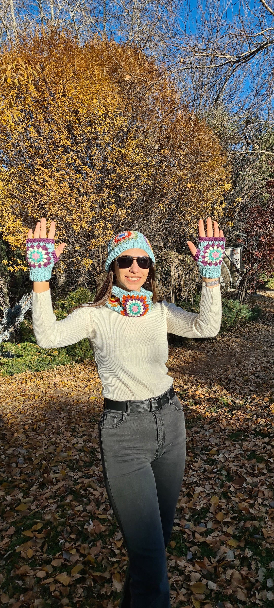 Ready to ship Crochet Knitted Beanie, Crochet Winter Accesory Set, Handmade Knit Gloves, Granny square Collar, Crochet Afghan Crochet