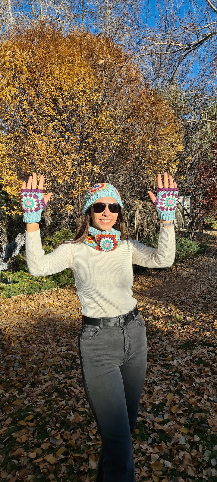 Ready to ship Crochet Knitted Beanie, Crochet Winter Accesory Set, Handmade Knit Gloves, Granny square Collar, Crochet Afghan Crochet