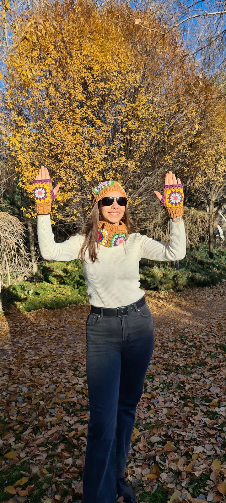 Ready to ship Mustard Granny square Fingerless Gloves, Knitted Winter Accesory Set, Handmade Knit Beanie, Grannysquare Collar