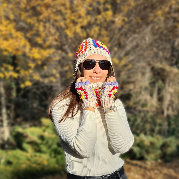 Beige Crochet Beanie, Grannysquare Fingerless Gloves, Knitted Winter Accesory Set, Knit Hat, Grannysquare Collar, Crochet Accesory Crochet