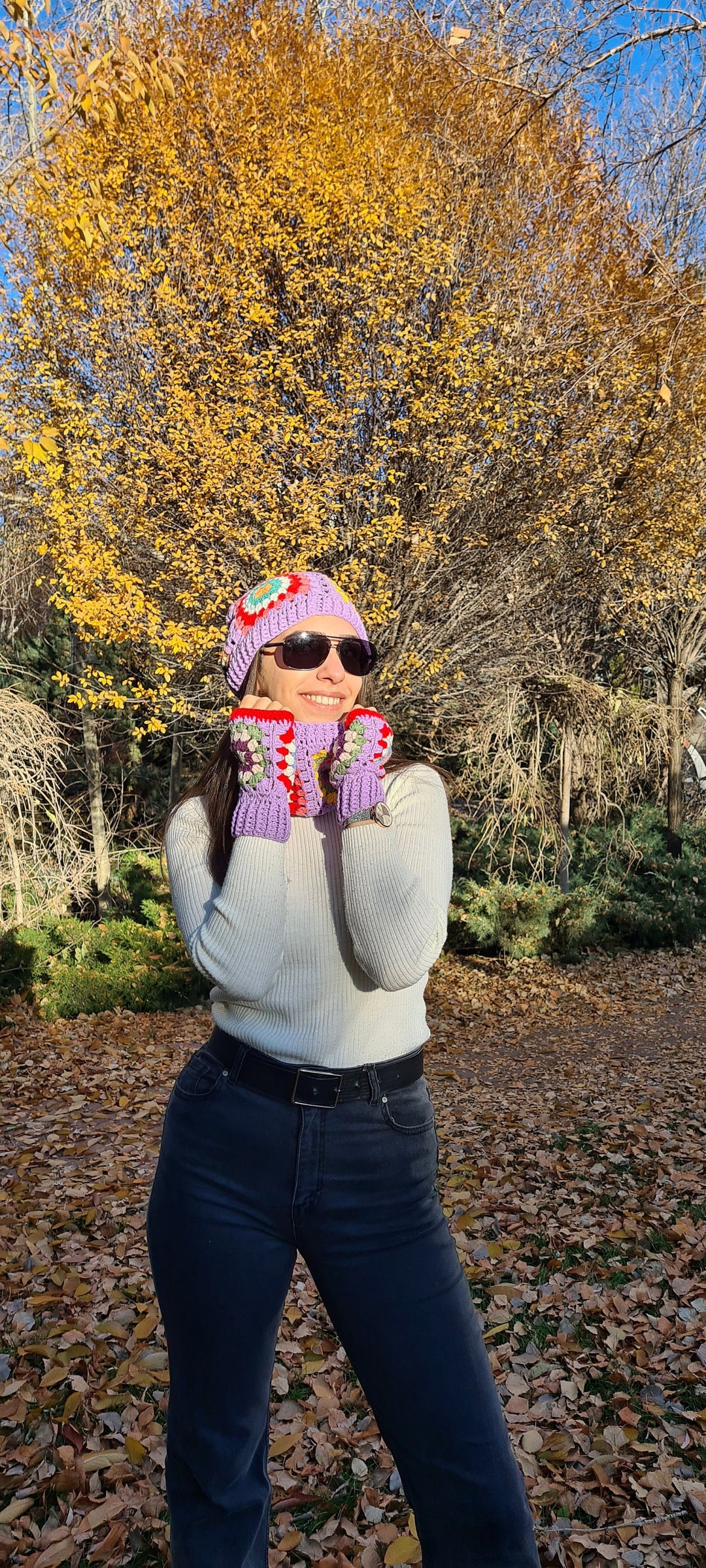 Ready to ship Purple Crochet Beanie, Grannysquare Fingerless Gloves, Knitted Winter Accesory Set, Knit Hat, Grannysquare Collar