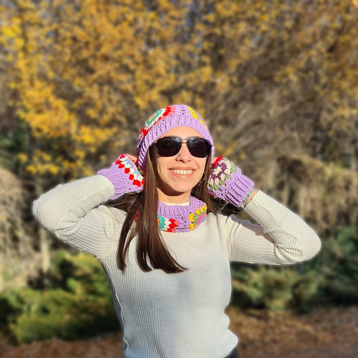 Ready to ship Purple Crochet Beanie, Grannysquare Fingerless Gloves, Knitted Winter Accesory Set, Knit Hat, Grannysquare Collar