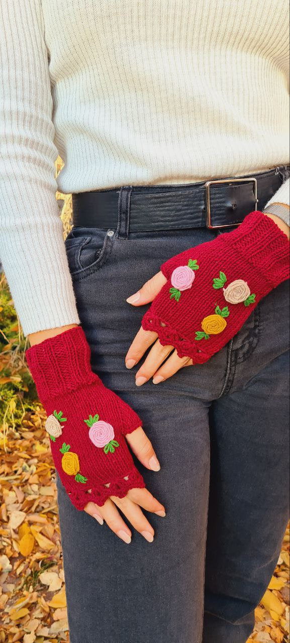 Burgundy Crochet Fingerless Gloves, Knitted floral winter gloves, Half Finger Gloves, Womens Gloves, flower fingerless