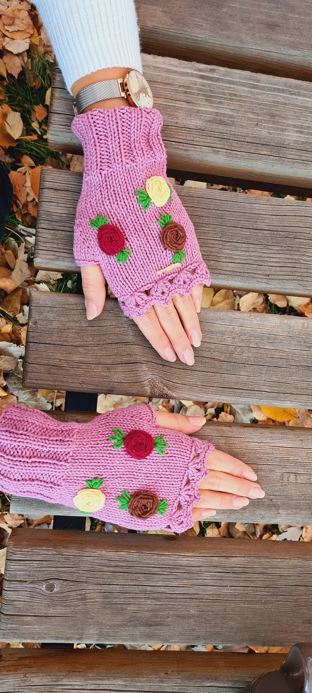 Ready to Ship Crochet Gloves fingerless, rose gold knitted winter gloves, Half Finger floral Gloves, Womens Gloves, flower fingerless