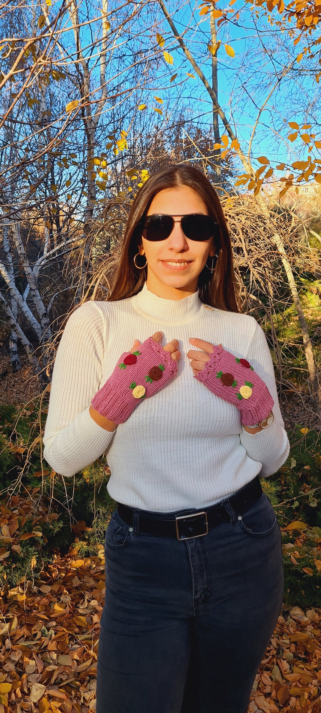 Ready to Ship Crochet Gloves fingerless, rose gold knitted winter gloves, Half Finger floral Gloves, Womens Gloves, flower fingerless