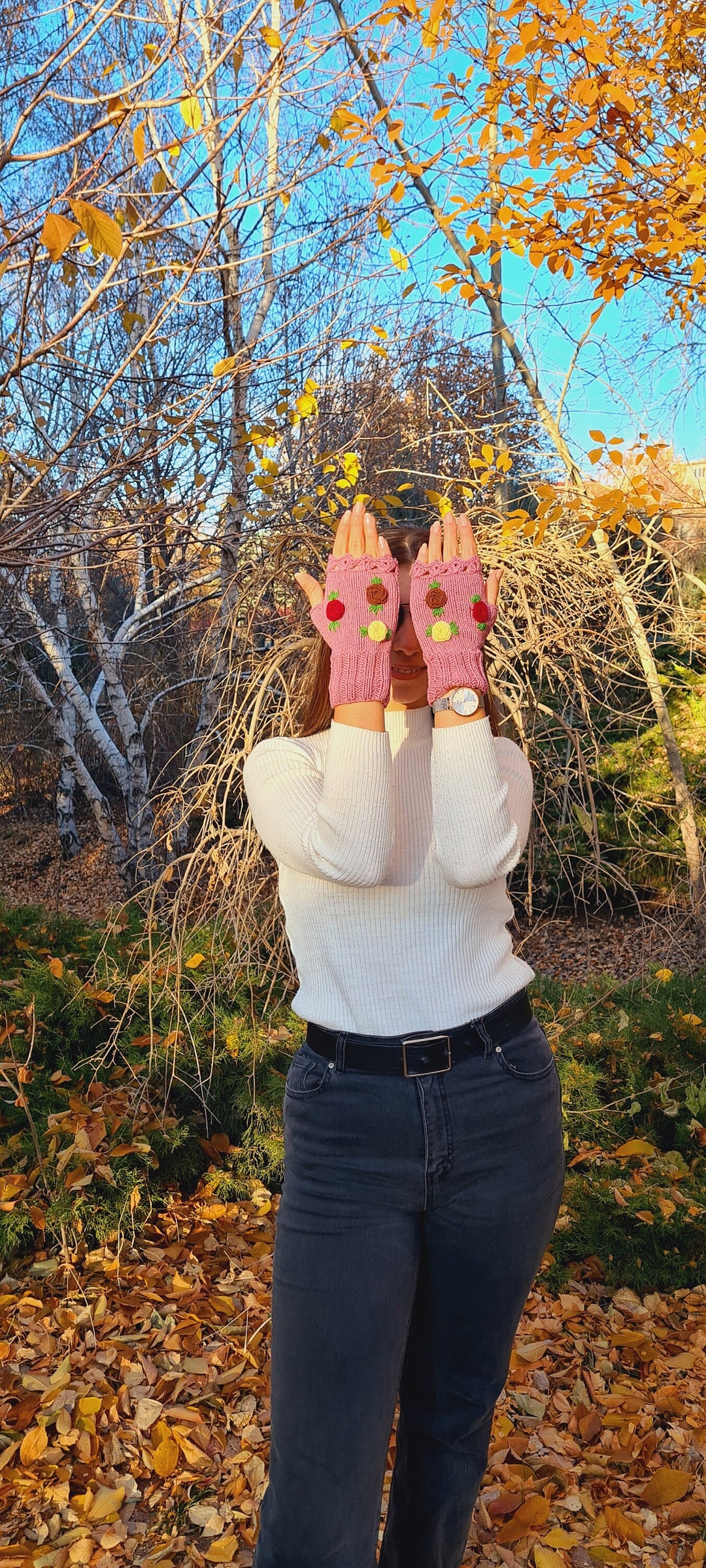 Ready to Ship Crochet Gloves fingerless, rose gold knitted winter gloves, Half Finger floral Gloves, Womens Gloves, flower fingerless