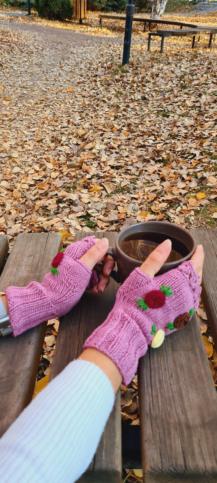 Ready to Ship Crochet Gloves fingerless, rose gold knitted winter gloves, Half Finger floral Gloves, Womens Gloves, flower fingerless