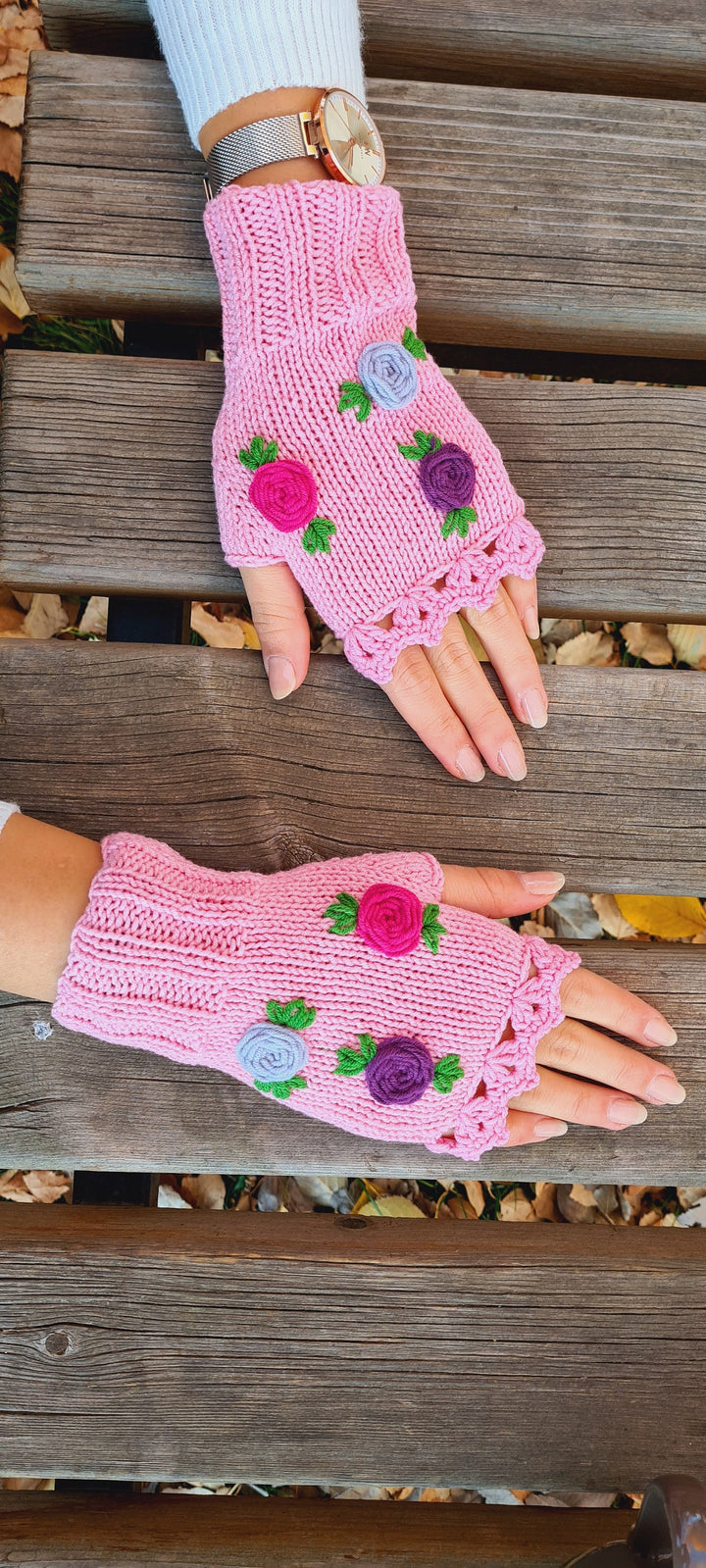 Ready to ship Crochet Pink Gloves fingerless, knitted winter gloves, Half Finger floral Gloves, Womens Gloves, flower fingerless