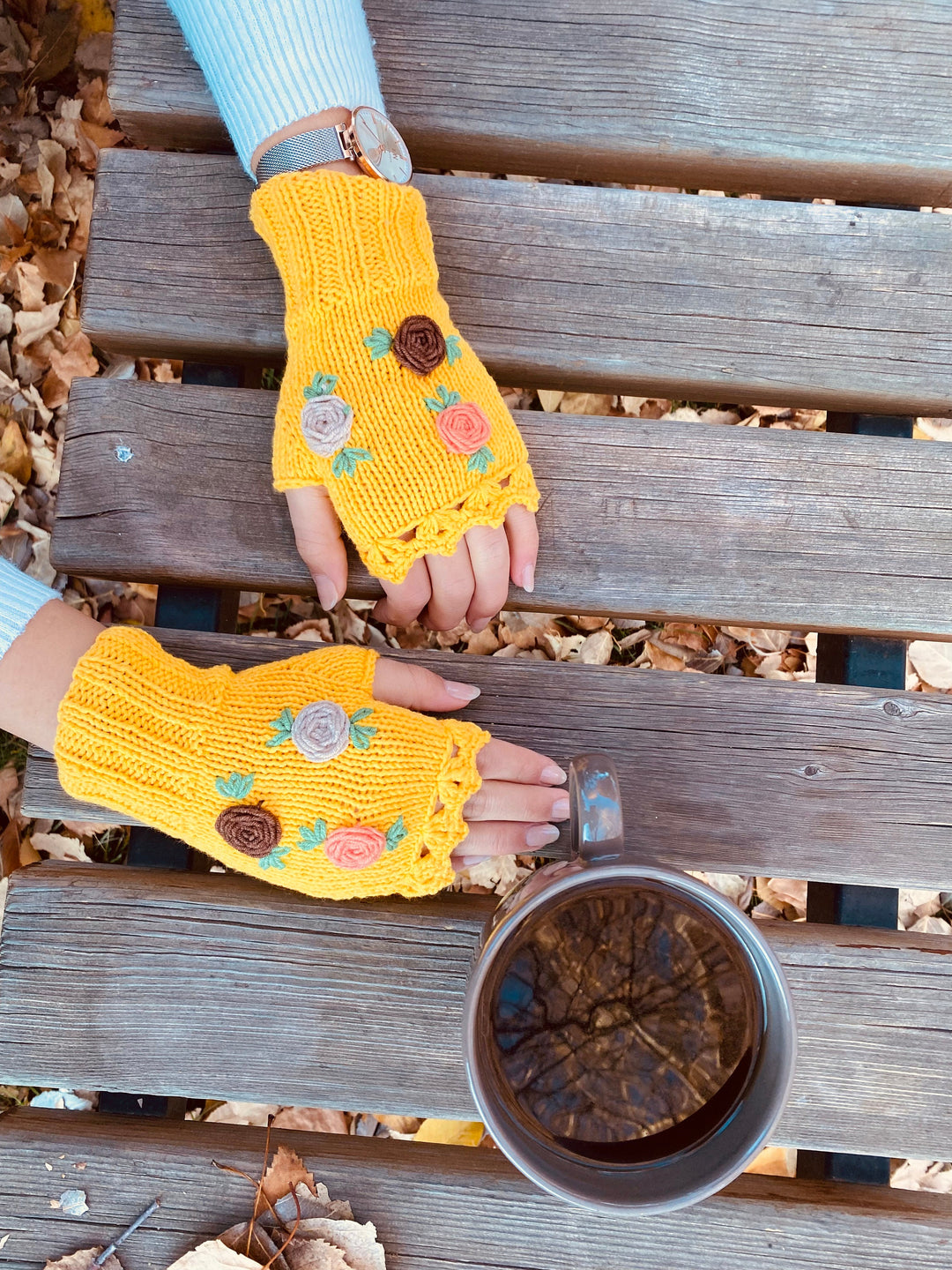 Ready to ship Yellow Crochet Gloves fingerless, floral knitted winter gloves, Half Finger floral Gloves, Womens Gloves, flower fingerless