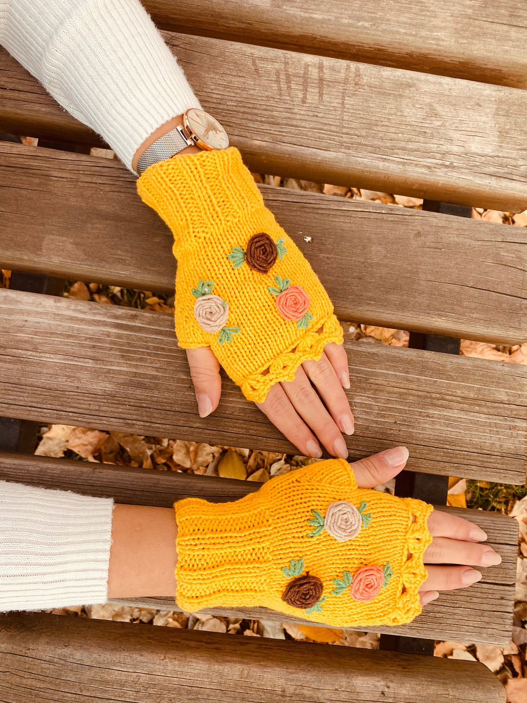 Ready to ship Yellow Crochet Gloves fingerless, floral knitted winter gloves, Half Finger floral Gloves, Womens Gloves, flower fingerless