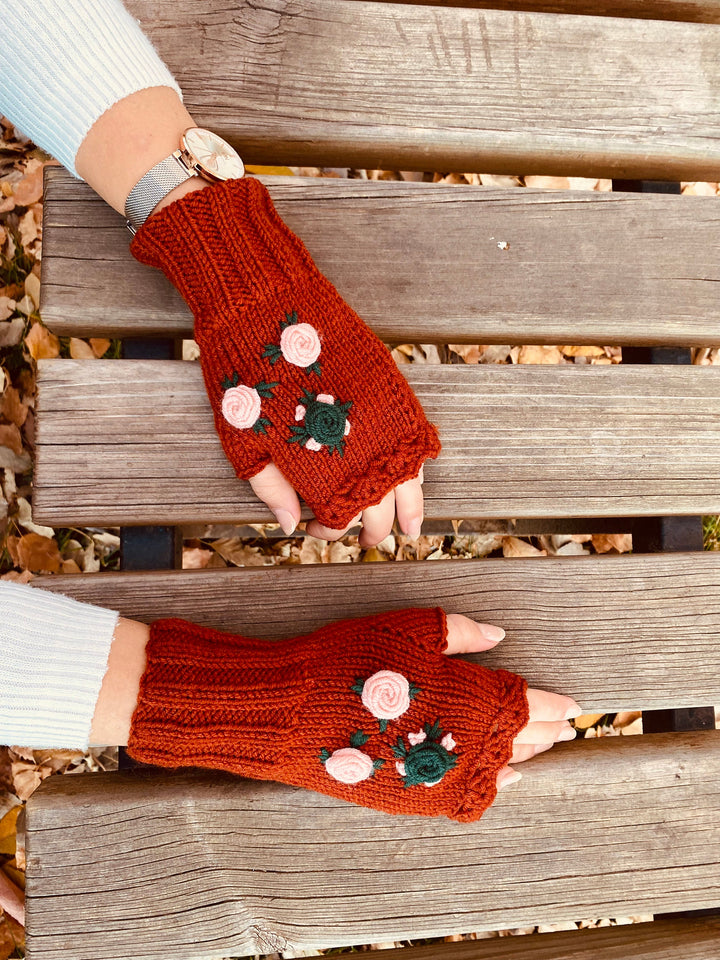 Taba Earth Crochet Fingerless Gloves, Knitted floral winter gloves, Half Finger Gloves, Womens Gloves, flower fingerless