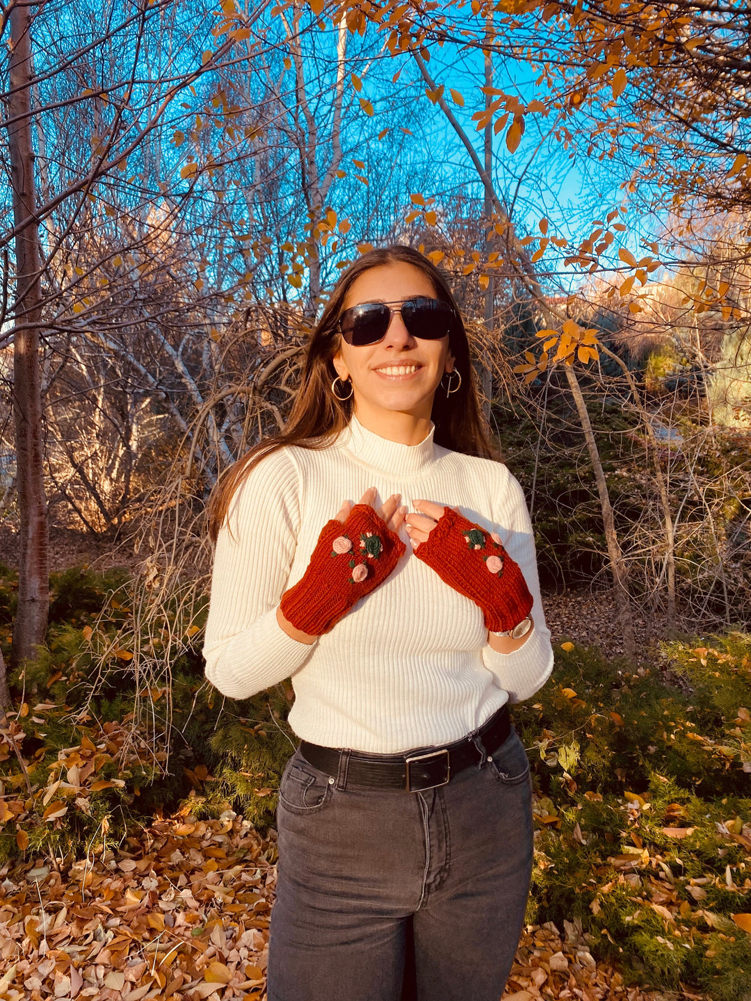 Taba Earth Crochet Fingerless Gloves, Knitted floral winter gloves, Half Finger Gloves, Womens Gloves, flower fingerless