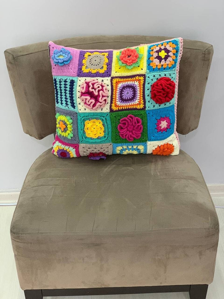 Crochet Daisy Pillow Cover Colorful, Flower Knit Pillow Cover, Granny Square Crochet Pillow Cover, Cushion Cover