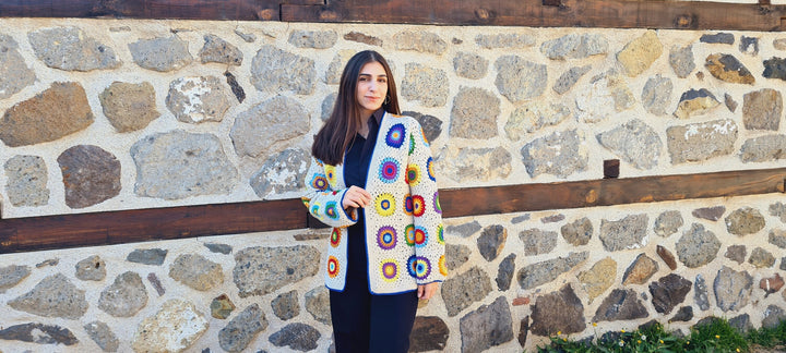 Granny square afghan cardigan, Crochet afghan sweater, ecru patchwork cardigan, boho coat, crochet cardigan, women cardigan, crochet coat