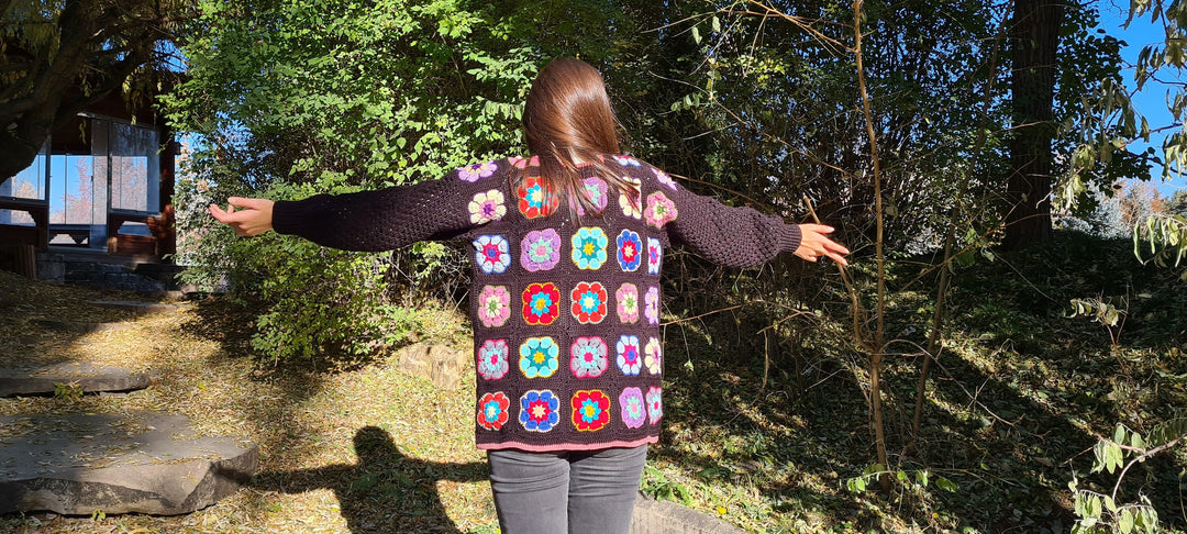 Black Crochet Afghan Cardigan, Granny Square Colorful Jacket, African Flowers Patchwork Jacket, Knitted Crochet Coat, Boho Cardigan