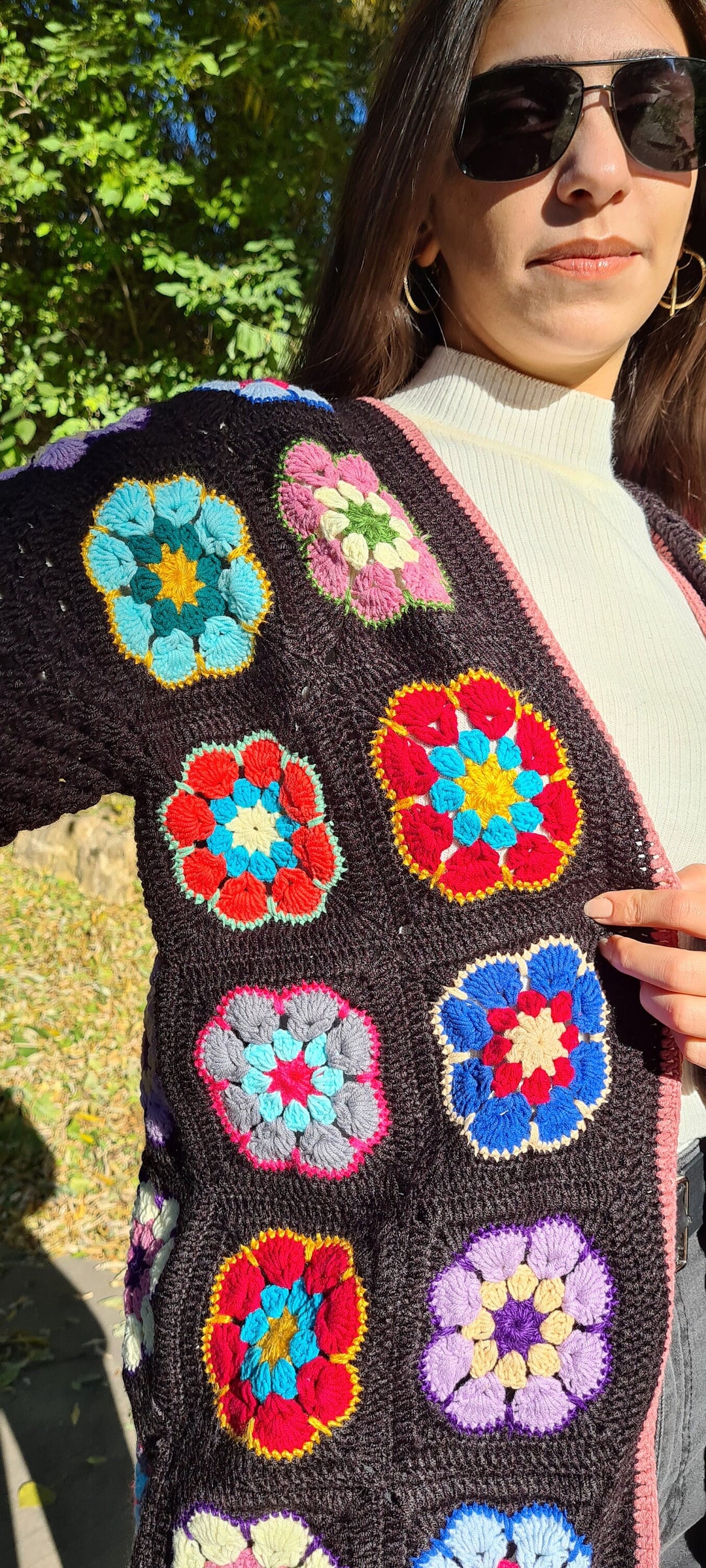 Black Crochet Afghan Cardigan, Granny Square Colorful Jacket, African Flowers Patchwork Jacket, Knitted Crochet Coat, Boho Cardigan