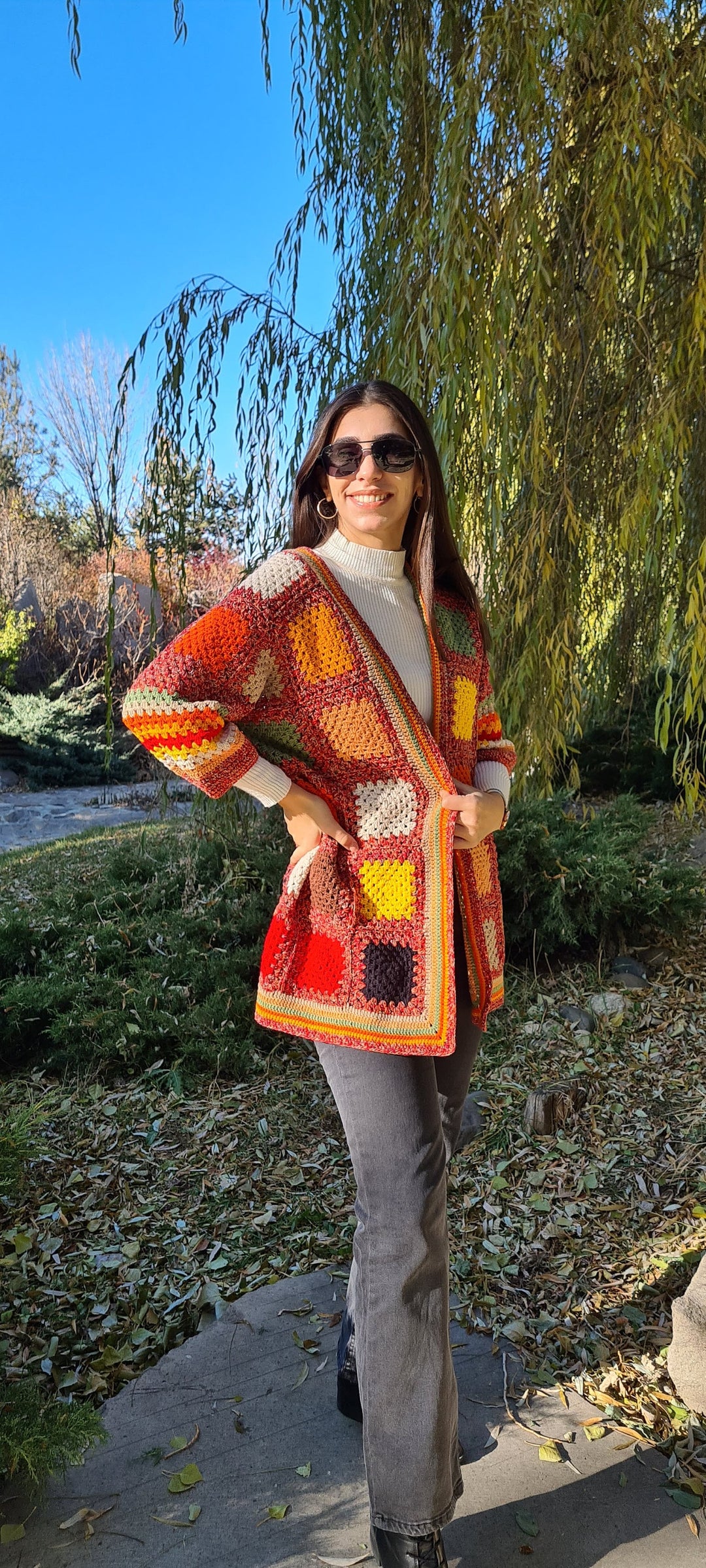 Ready to ship Knitted Patchwork Cardigan, Granny square Jacket, Crochet Cardigan women, Knit Coat, Cardigan sweaters for women