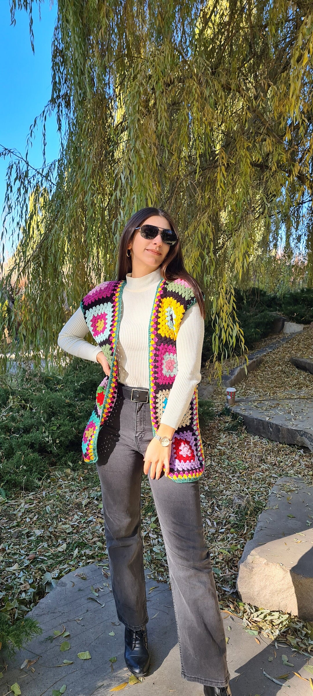 Colorful Waistcoat Tunic, Crochet Afghan Vest, Grannysquare Knit Cotton Patchwork Coat, Women Cardigan, Christmas Gift, Crochet gift