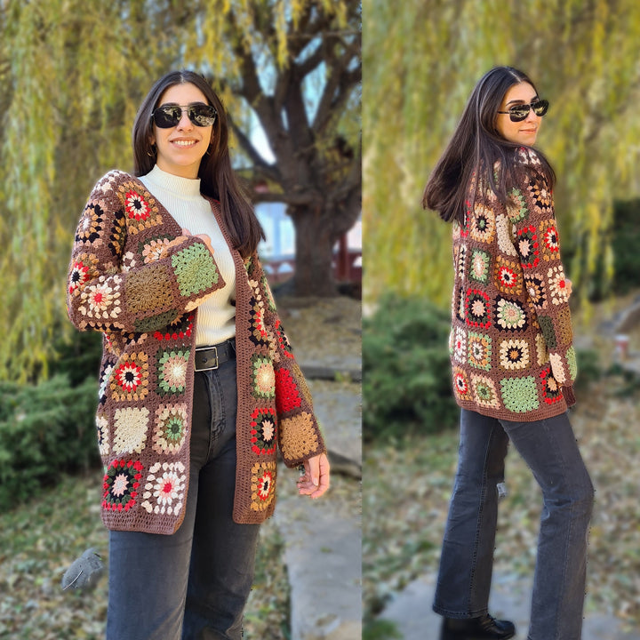 Brown Crochet Cardigan, Patchwork Jacket, Knitted Cardigan women, Granny Square Knit Coat, Cardigan sweaters for women, Afghan Crochet,