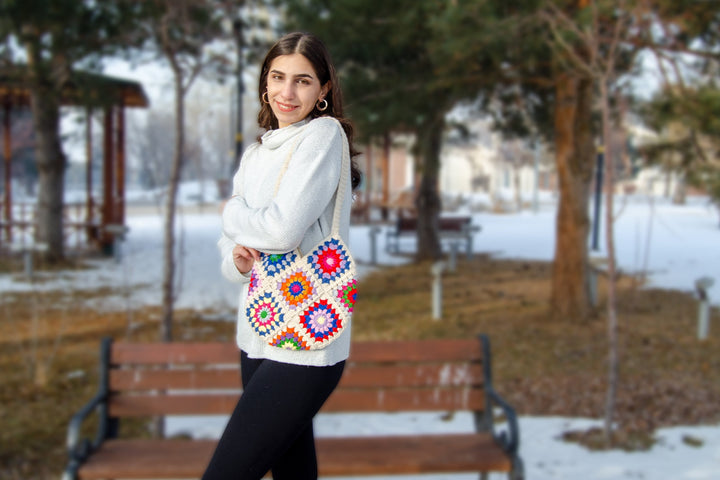 Granny Square White Bag, Crochet Bag Afghan, Summer Beach Bag, Hobo Bag, Crochet Purse, Retro Bag, Hippie Bag, Bohemian Bag Vintage Style