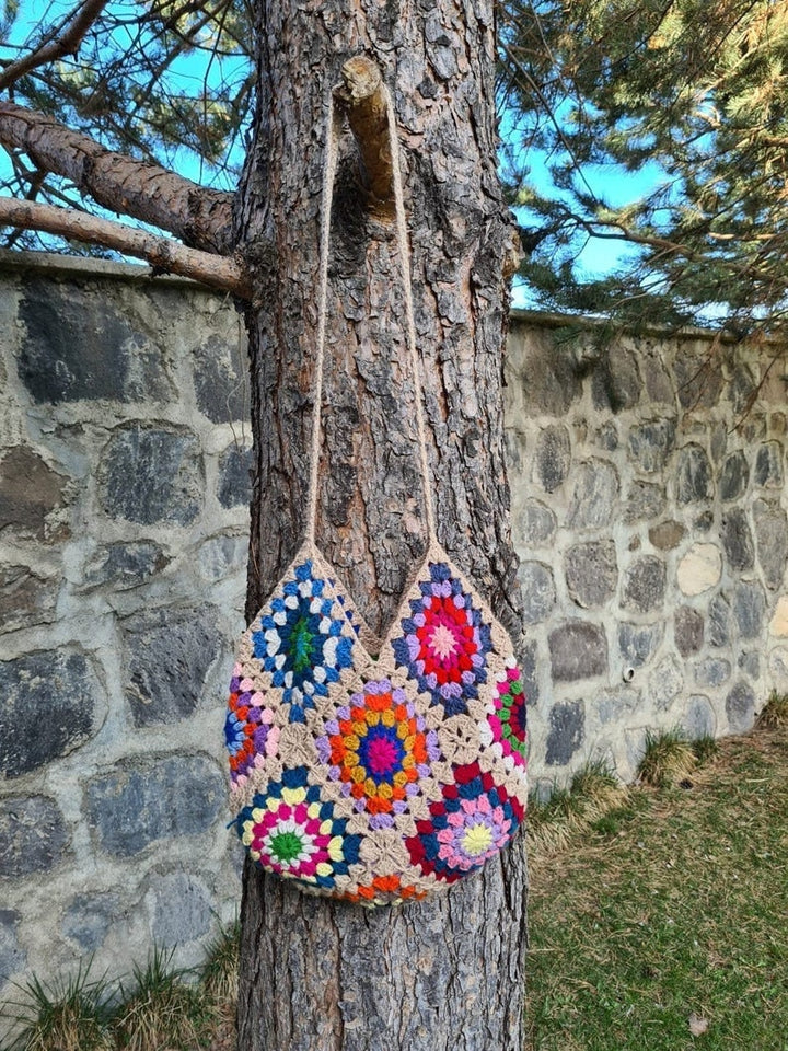 Granny Square Brown Bag, Crochet Bag Afghan, Summer Beach Bag, Hobo Bag, Crochet Purse, Retro Bag, Hippie Bag, Bohemian Bag Vintage Style