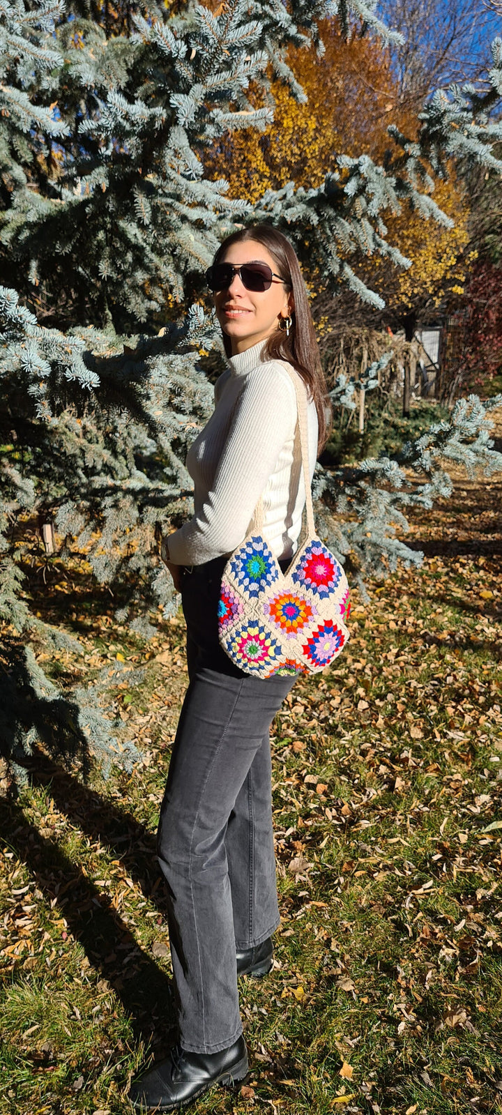 Beige Crochet Bag, Valentines day gifts for her, Crochet Afghan Bag, Knit Tote Bag, Crochet Purse, Retro Bag, Hippie Bag, Bohemian Bag