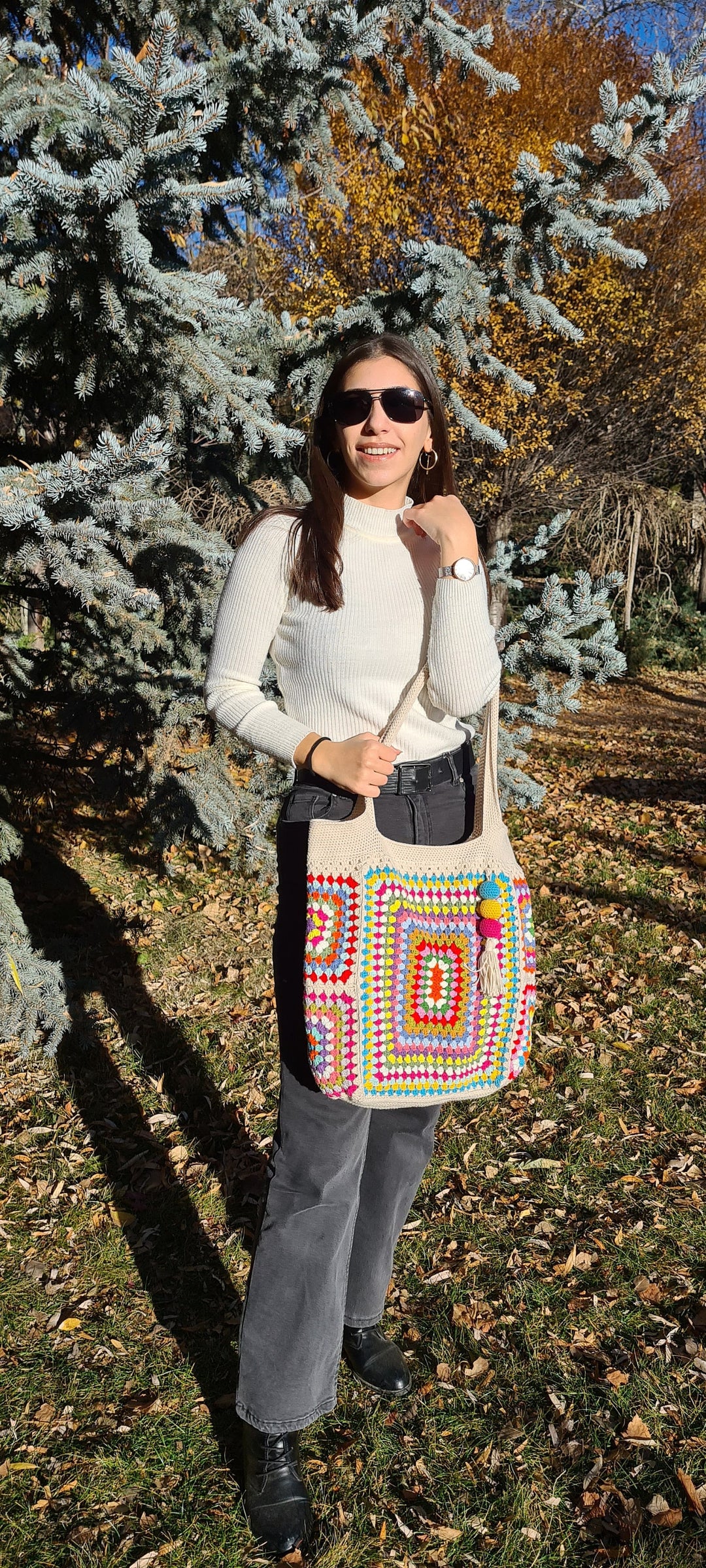 Ecru Crochet Knit Bag, Grannysquare Colorful Bag, Cute Crochet Tote Bag, Crochet Purse, Knitted Tote Bag, Knit Afghan Bag, Crochet Handmade