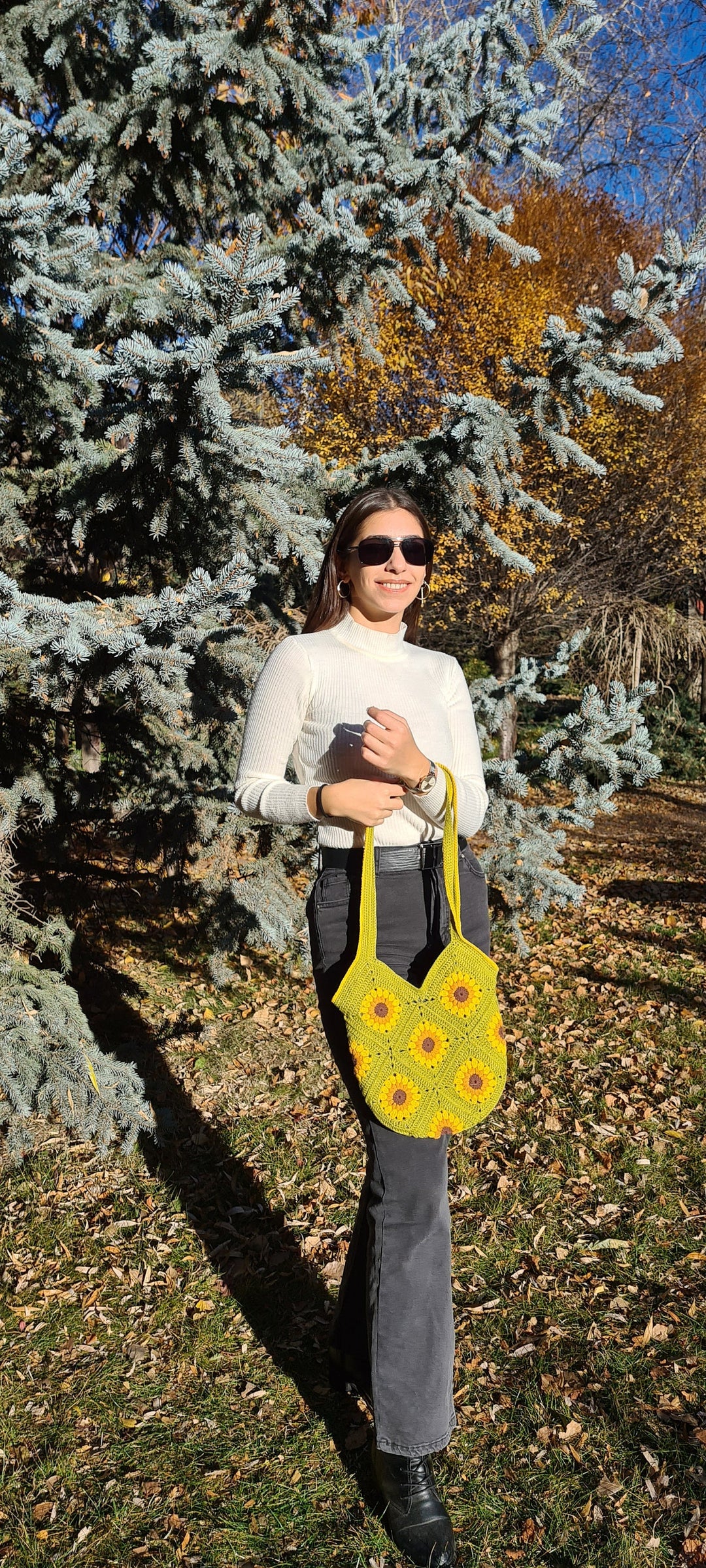 Grenn Crochet Bag, Sunflower Crochet Mini Bag, Shoulder Knit Bags, Floral Knit Bag, Grannysquare Bag, Crochet Purse, Knit Tote Bag