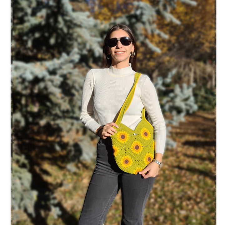 Grenn Crochet Bag, Sunflower Crochet Mini Bag, Shoulder Knit Bags, Floral Knit Bag, Grannysquare Bag, Crochet Purse, Knit Tote Bag