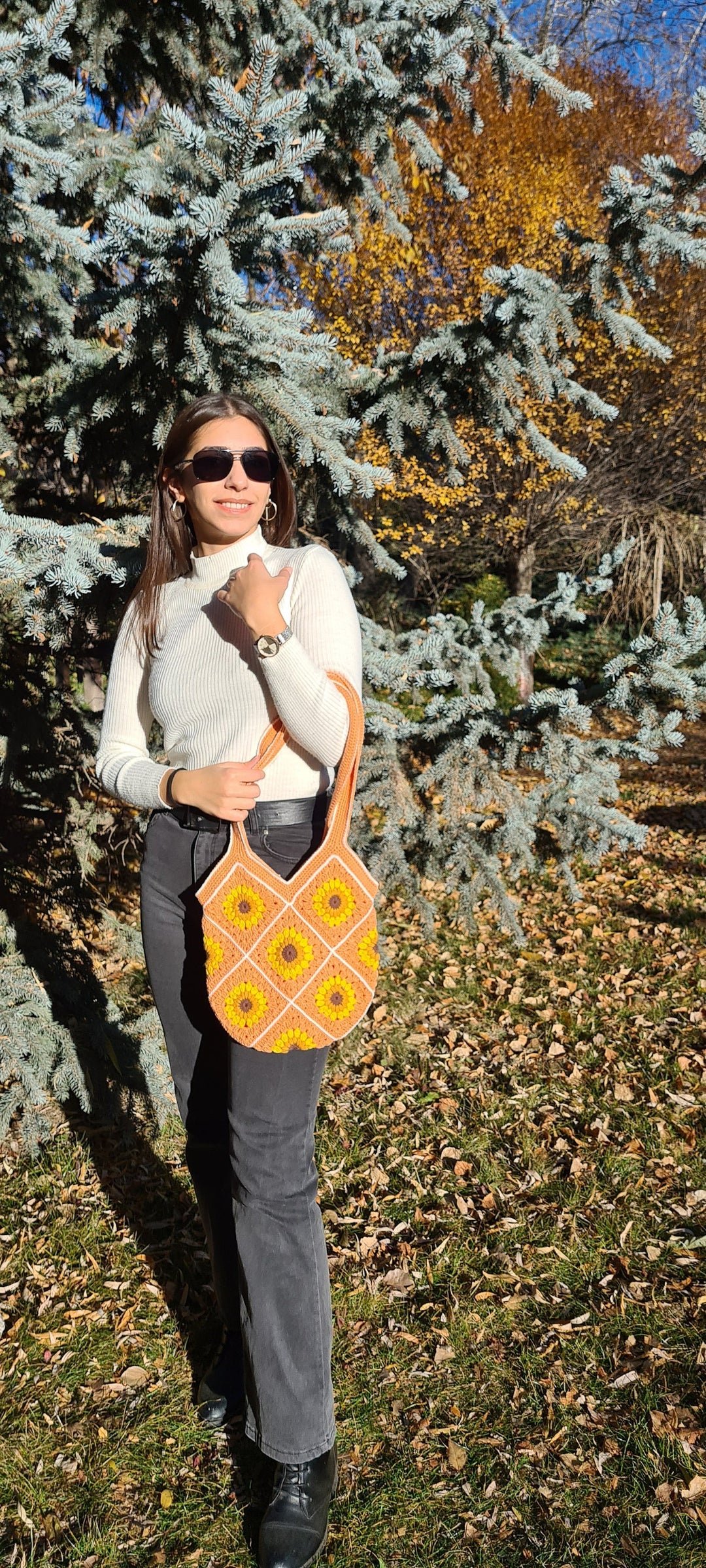 Sunstone Sunflower Bag, Crochet Mini Shoulder Bags, Floral Knit Bag, Mini Daisy Bag, Grannysquare Bag, Crochet Purse, Knit Tote Bag