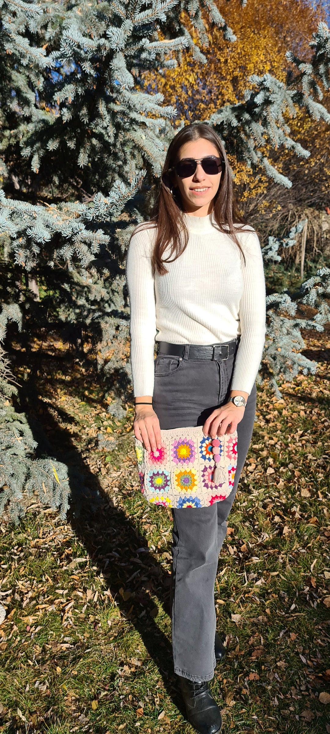 White Crochet Mini Bag, Grannysquare Knit Bag, Summer Bag, Crochet Purse, Hippie Bag, Afghan Crochet, Vintage Style