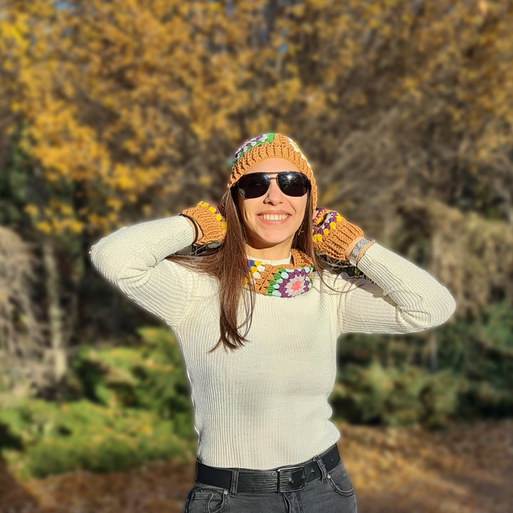 Ready to ship Mustard Granny square Fingerless Gloves, Knitted Winter Accesory Set, Handmade Knit Beanie, Grannysquare Collar