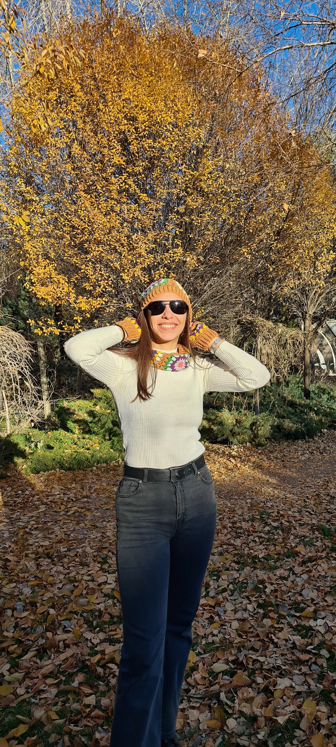 Ready to ship Mustard Granny square Fingerless Gloves, Knitted Winter Accesory Set, Handmade Knit Beanie, Grannysquare Collar