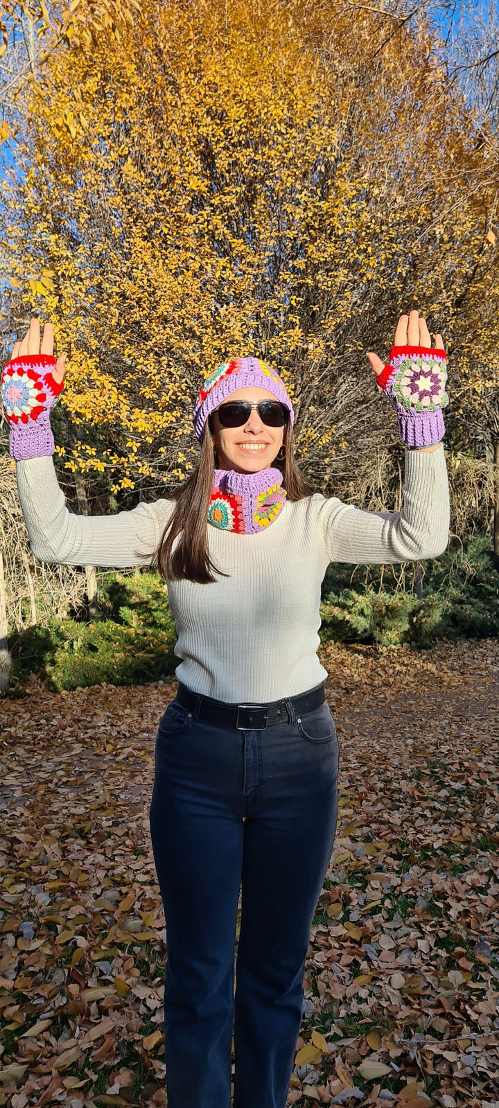 Ready to ship Purple Crochet Beanie, Grannysquare Fingerless Gloves, Knitted Winter Accesory Set, Knit Hat, Grannysquare Collar