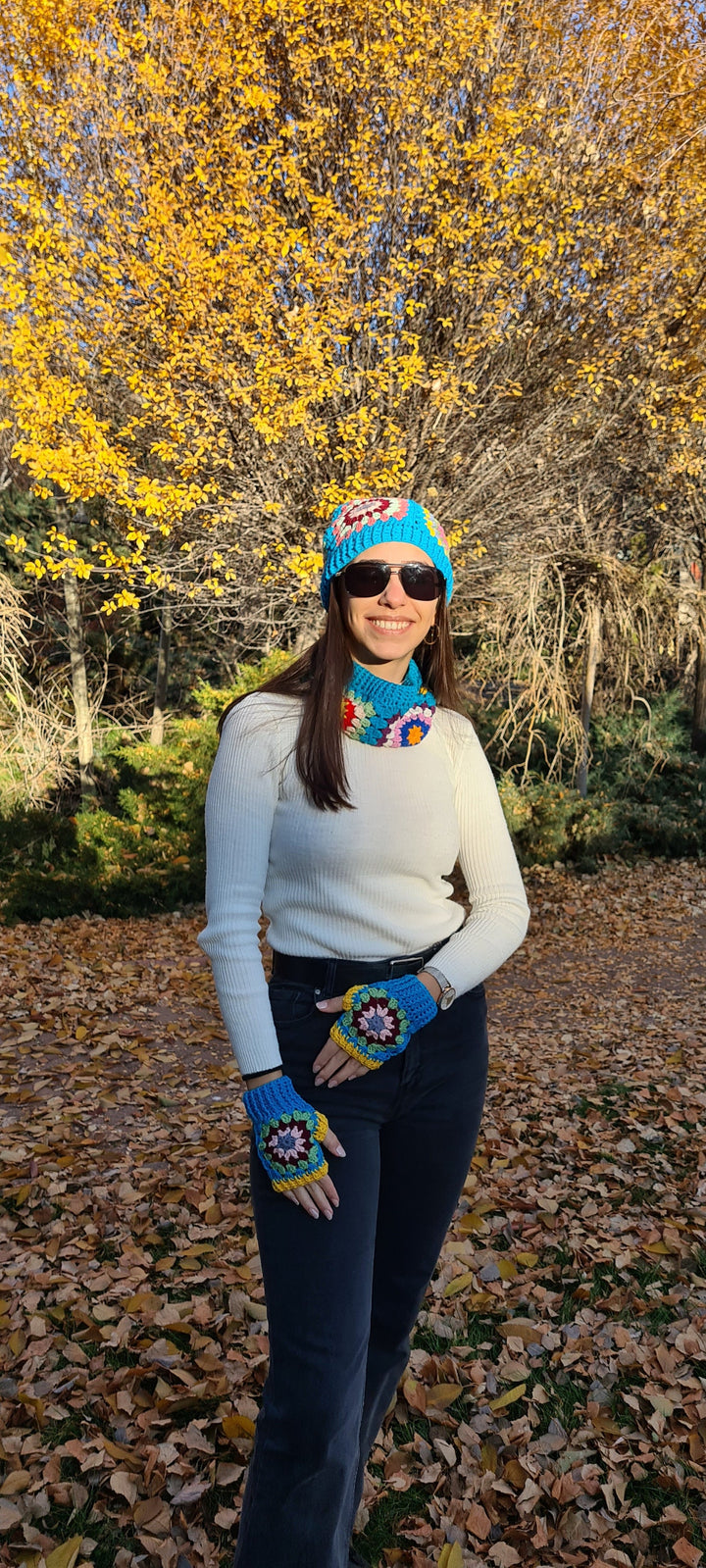 Ready to ship Blue Knitted Hat, Knitted Winter Accesory Set, Grannysquare Fingerless Gloves, Knit Hat, Grannysquare Collar