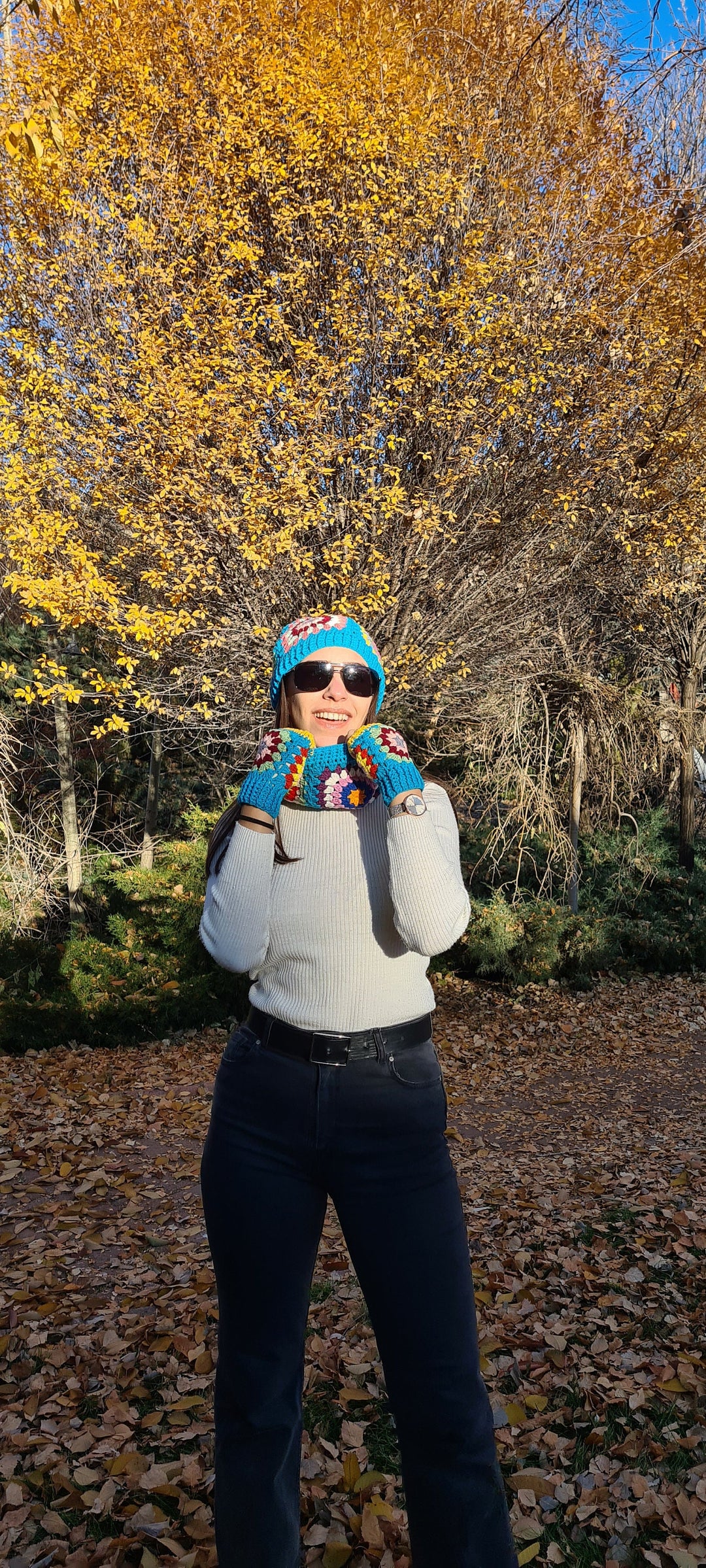 Ready to ship Blue Knitted Hat, Knitted Winter Accesory Set, Grannysquare Fingerless Gloves, Knit Hat, Grannysquare Collar