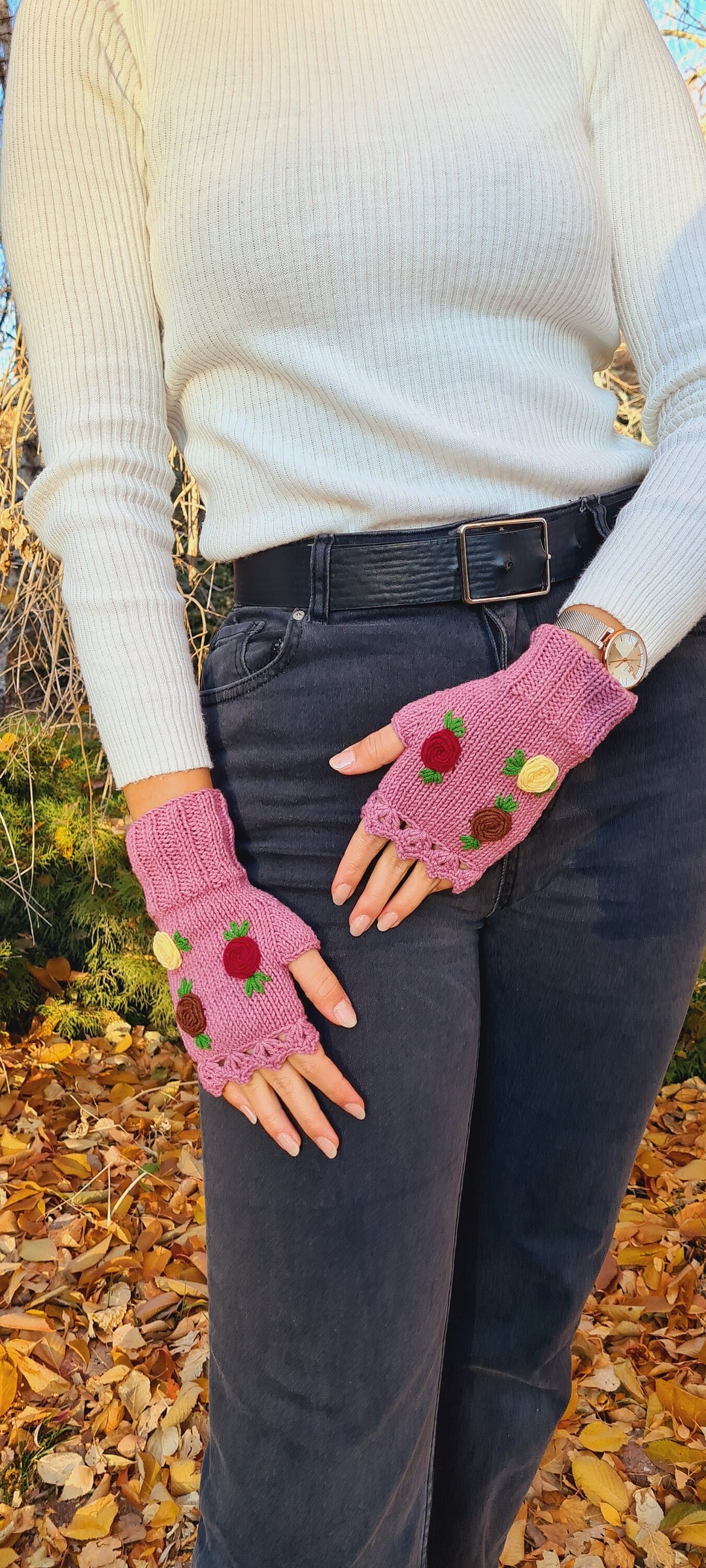 Ready to Ship Crochet Gloves fingerless, rose gold knitted winter gloves, Half Finger floral Gloves, Womens Gloves, flower fingerless