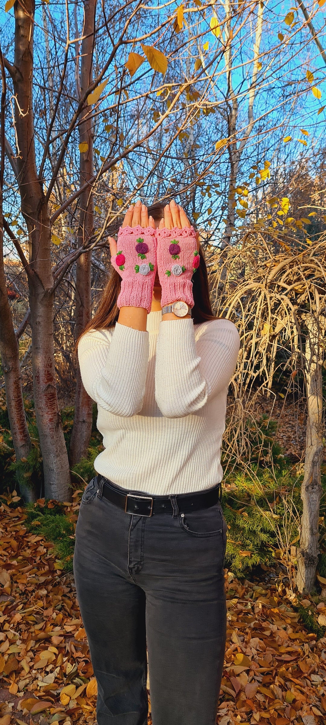 Ready to ship Crochet Pink Gloves fingerless, knitted winter gloves, Half Finger floral Gloves, Womens Gloves, flower fingerless