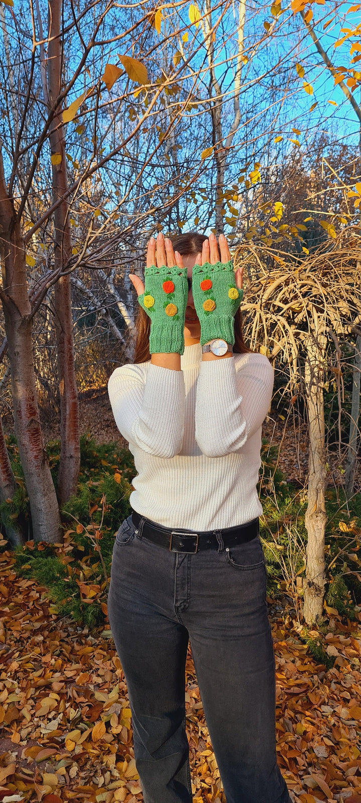 Ready to ship Crochet Green Gloves fingerless, floral knitted winter gloves, Half Finger floral Gloves, Womens Gloves, flower fingerless