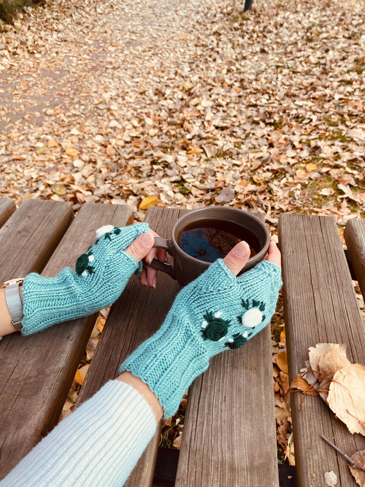 Green Crochet Gloves fingerless, floral knitted winter gloves, Half Finger floral Gloves, Womens Gloves, flower fingerless