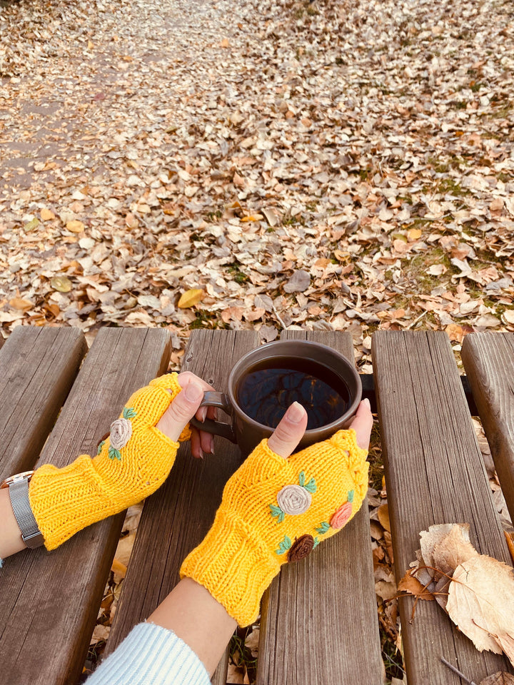 Ready to ship Yellow Crochet Gloves fingerless, floral knitted winter gloves, Half Finger floral Gloves, Womens Gloves, flower fingerless