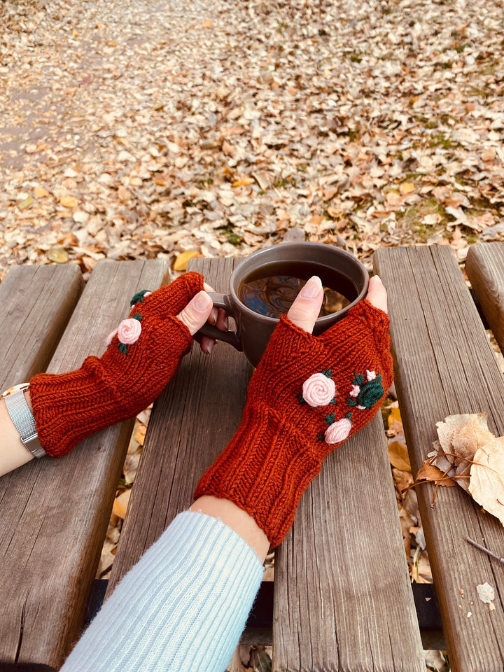 Taba Earth Crochet Fingerless Gloves, Knitted floral winter gloves, Half Finger Gloves, Womens Gloves, flower fingerless