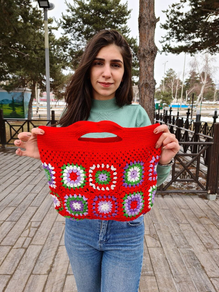 Red Mini Crochet Bag, Granny Square Bag, Crochet Purse, Knit tote Bag, Crochet Afghan Bag, Gift for Her